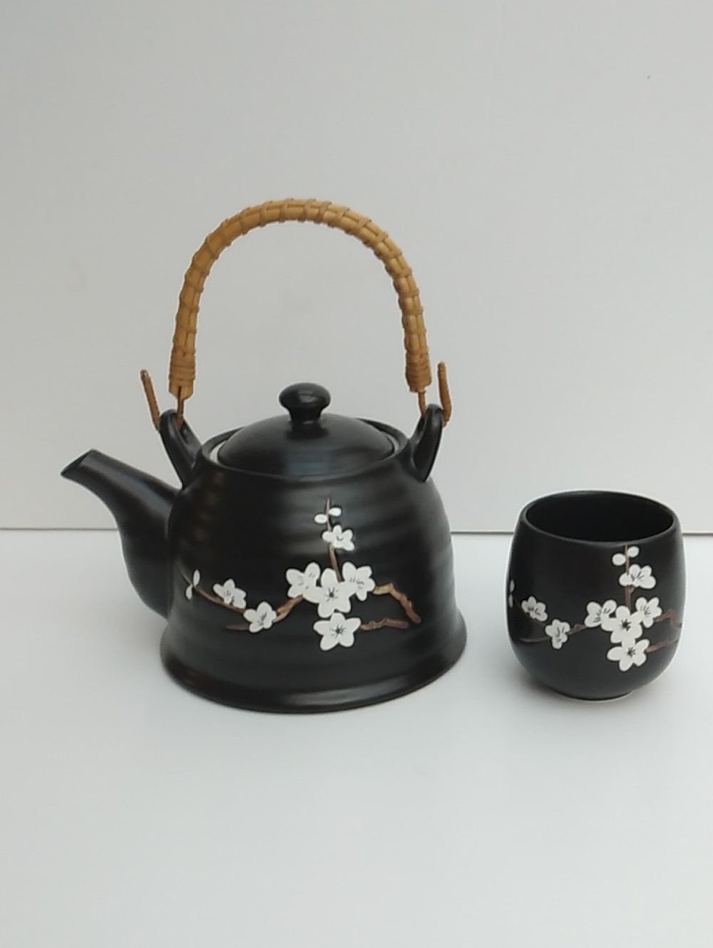 Brown Blossom Ceramic Teapot and Cup Set with Woven Handle